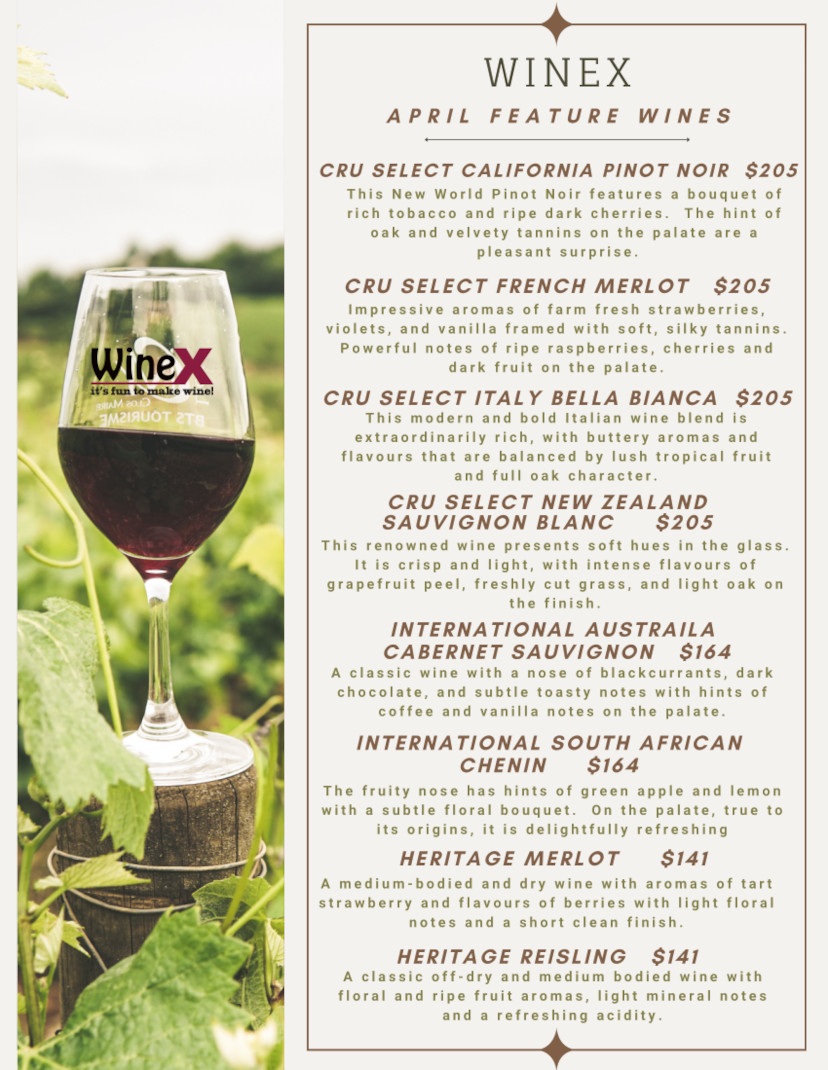 what's new, monthly wine kit specials and other news and events at WineX